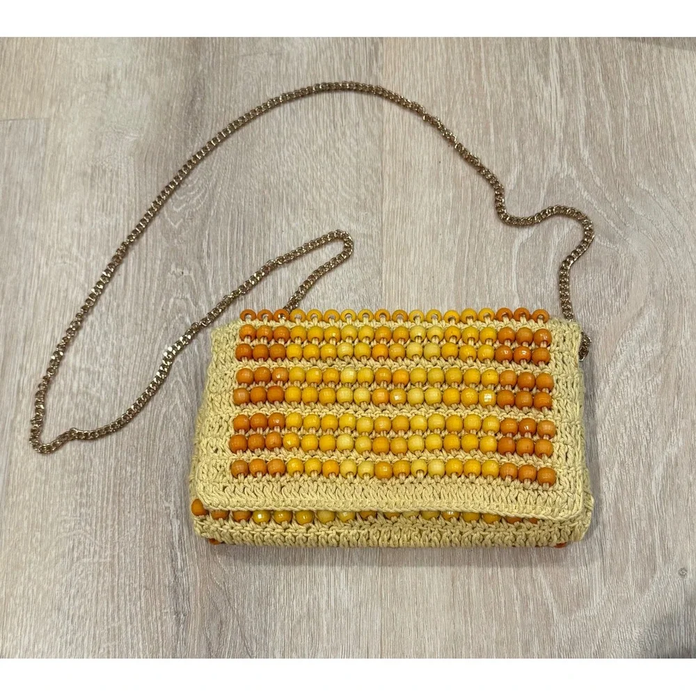 ANTHROPOLOGIE Beaded Foldover Clutch Crossbody Bag in Yellow